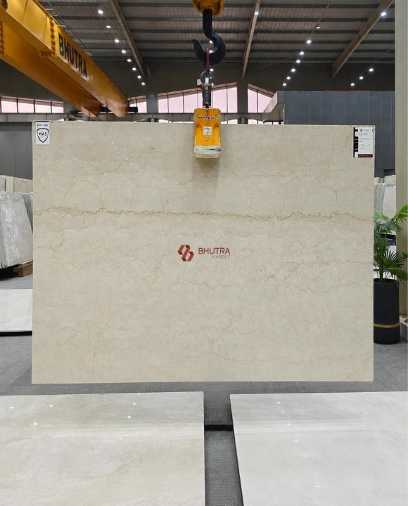Botticino marble slab, warm classic beige with fine texture