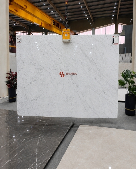 Carrara White marble slab with soft grey feathered veining