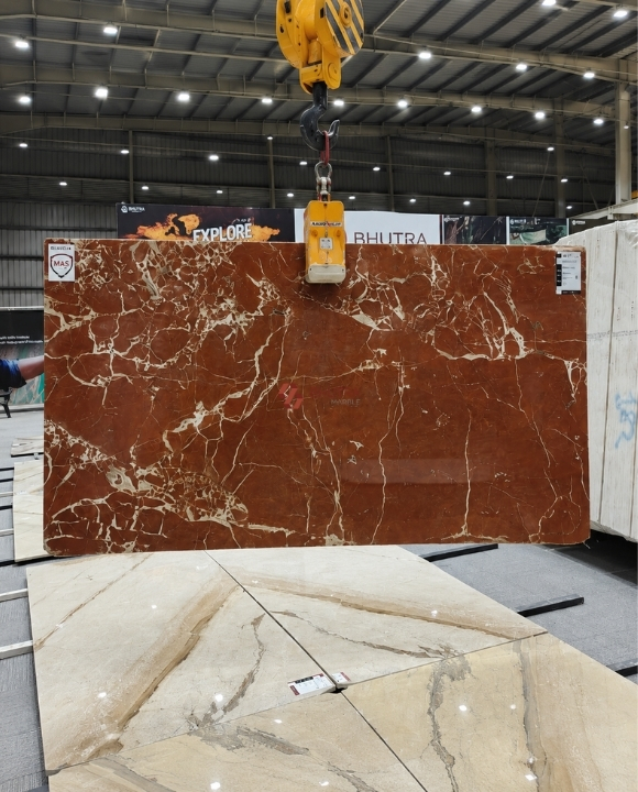 Rosso Alicante marble slab, deep red base with white veins