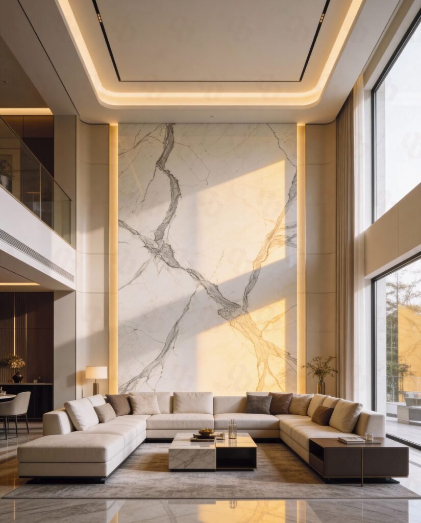 Luxurious living room with double-height Statuario Altissimo marble feature wall and Italian marble flooring