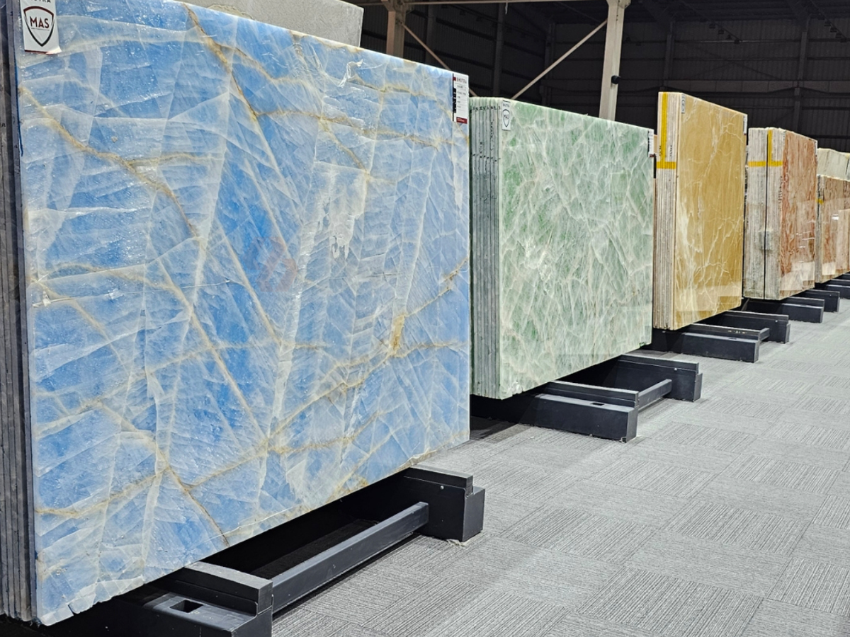 Oynx slabs at Bhutra Stones Kishangarh showroom