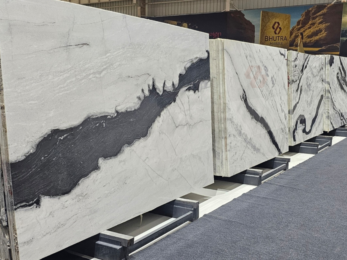 Black marble slab with bold natural pattern at Bhutra Stones