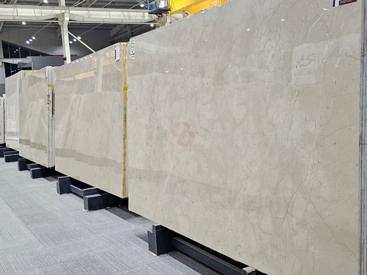 Beige imported marble slabs at Bhutra Stones showroom Kishangarh