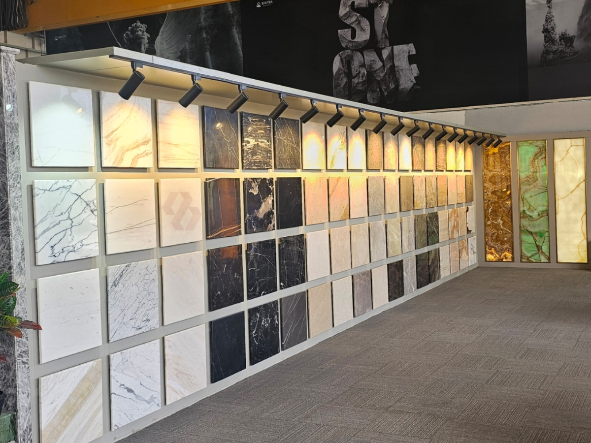Stone sample and slab selection wall at Bhutra Stones Kishangarh