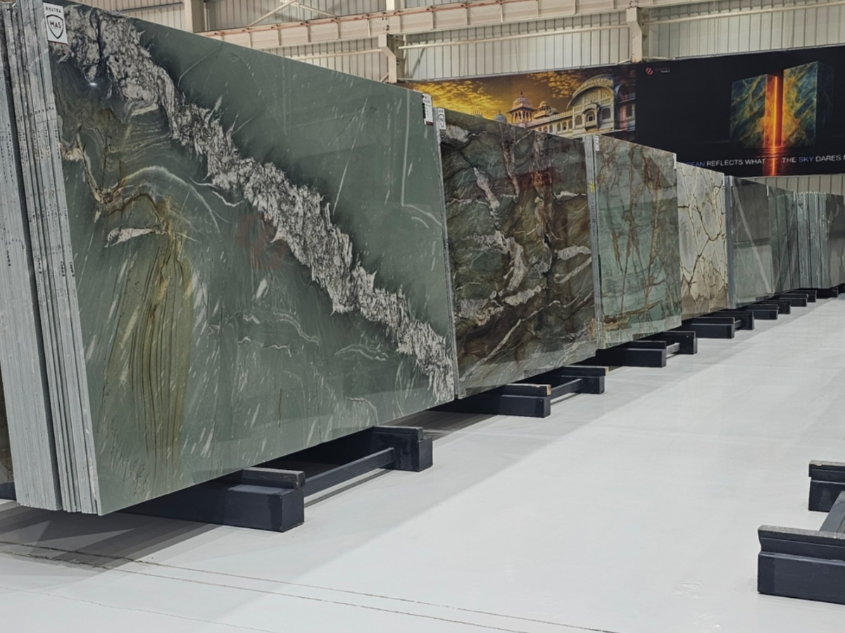 Green quartzite slab display at Bhutra Stones Kishangarh