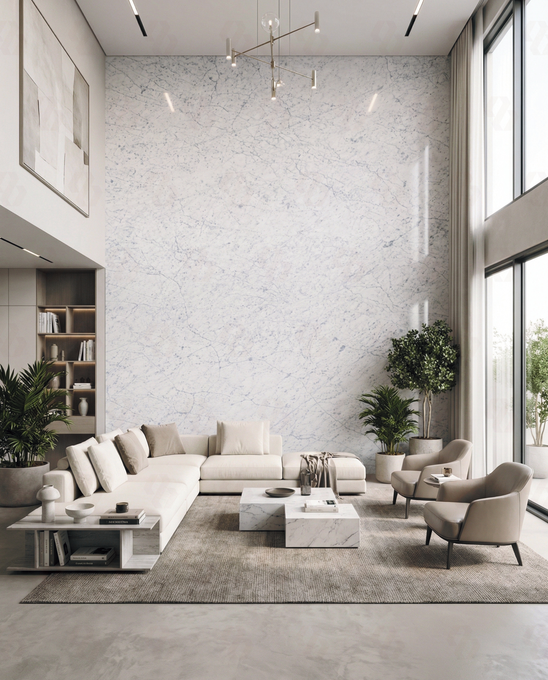 Luxurious living room interior with Bianco Carrara Marble feature wall and modern furniture