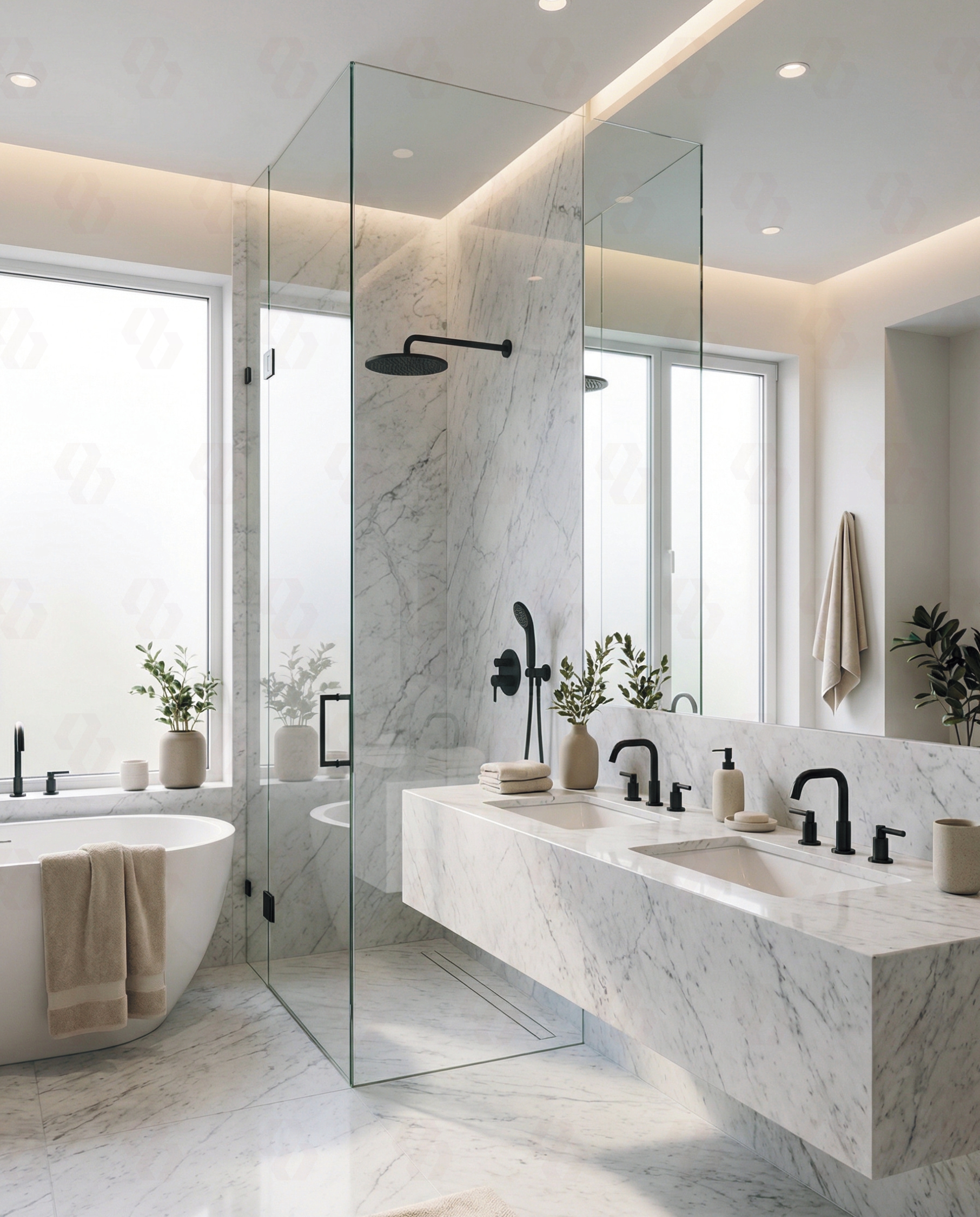 Elegant bathroom with Bianco Carrara Marble shower walls, vanity, and flooring
