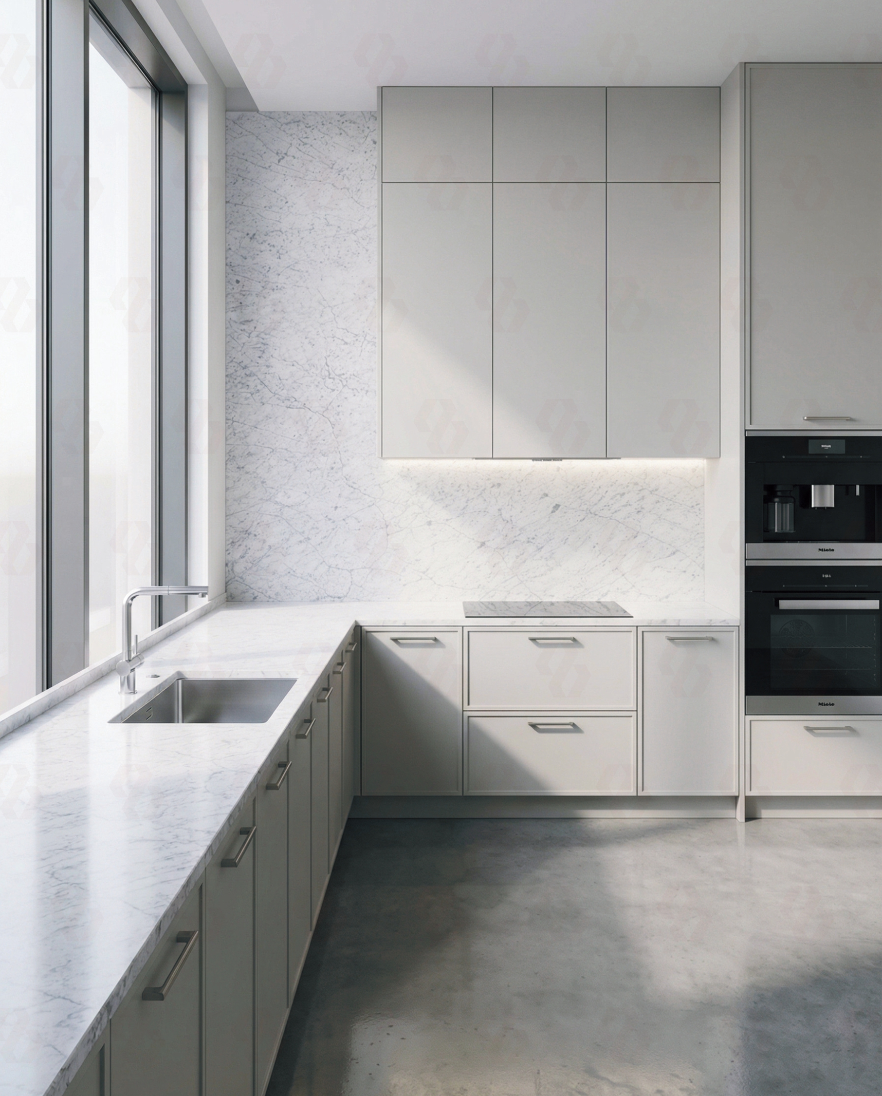 Contemporary kitchen with Bianco Carrara Marble countertops and backsplash under natural lighting