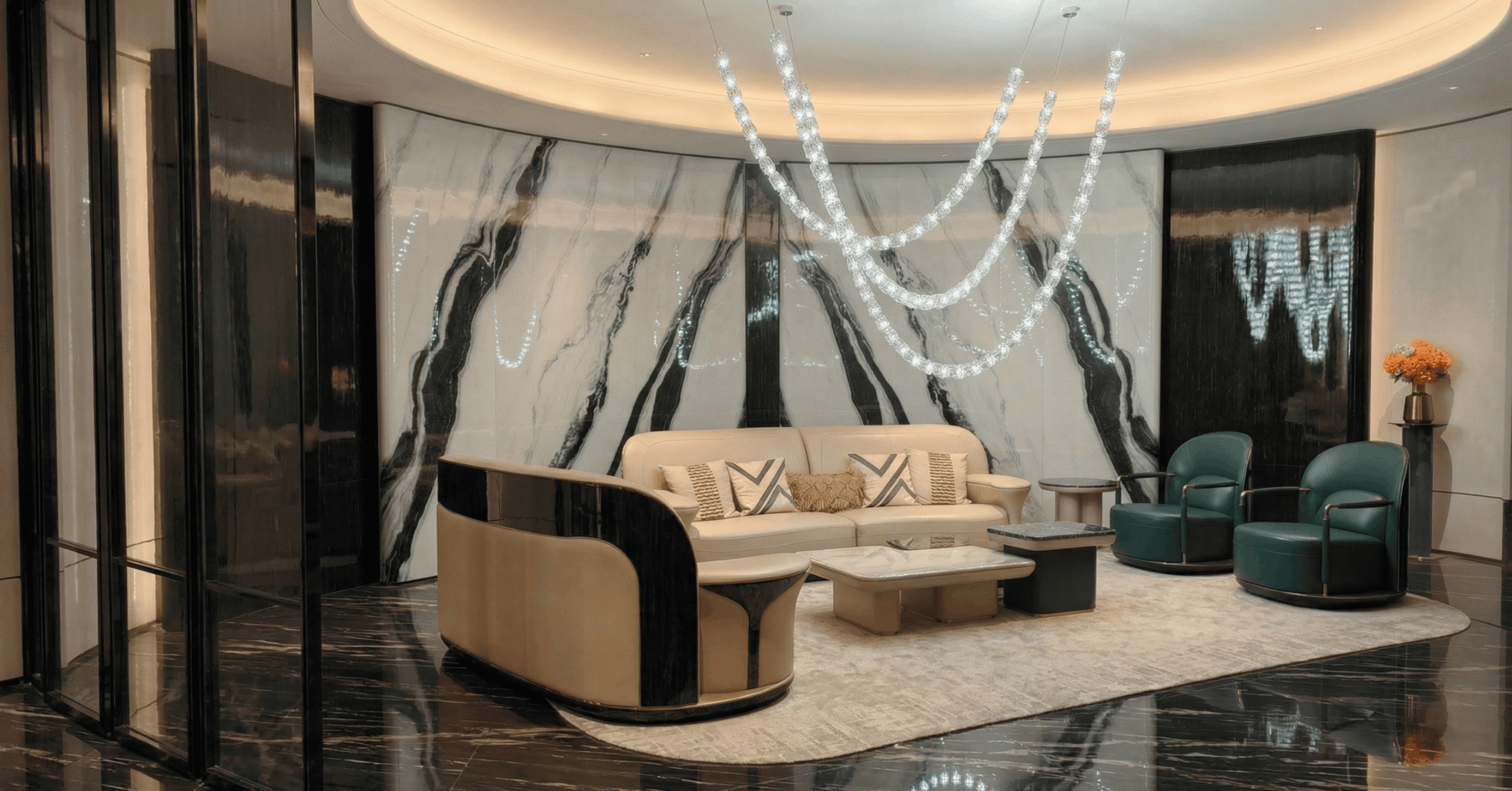 Angled view of Panda White Marble wall application in premium living space