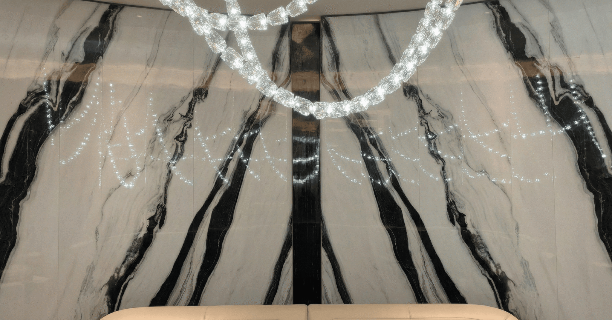 Panda White Marble polished feature wall with dramatic black patterning
