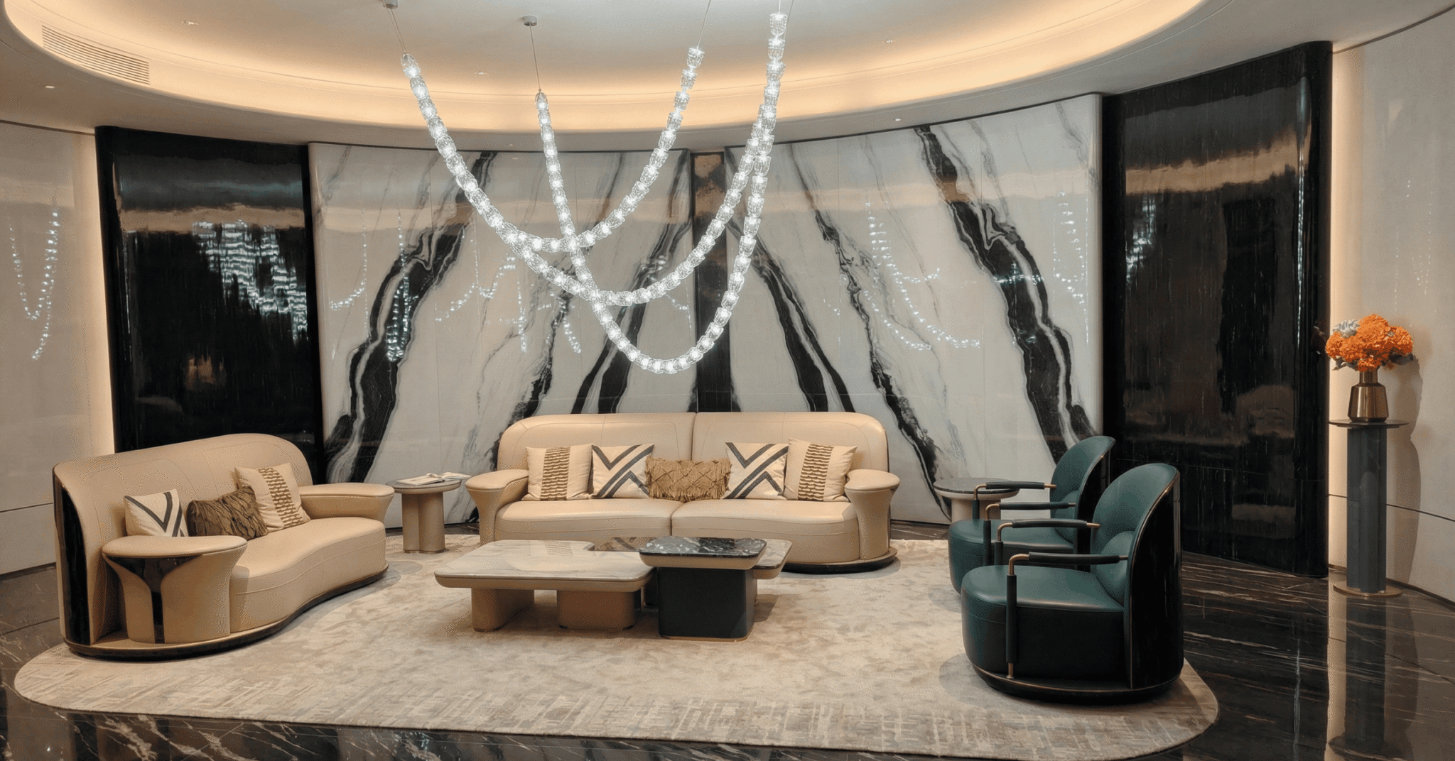 Panda White Marble wall panel detail in luxury interior setting