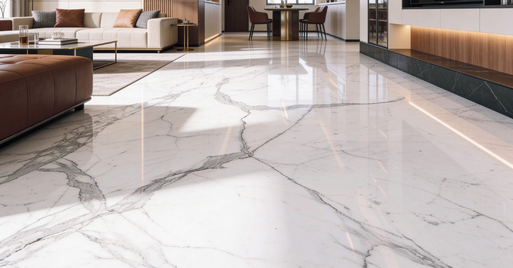 Luxury living room with Statuario Italian marble flooring