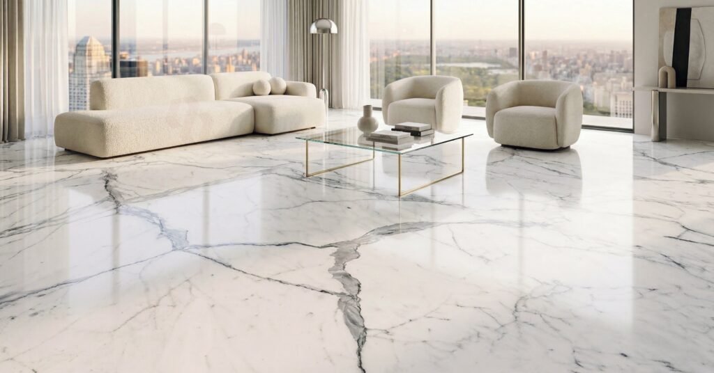 Modern luxury living room with high-gloss white marble flooring and natural light