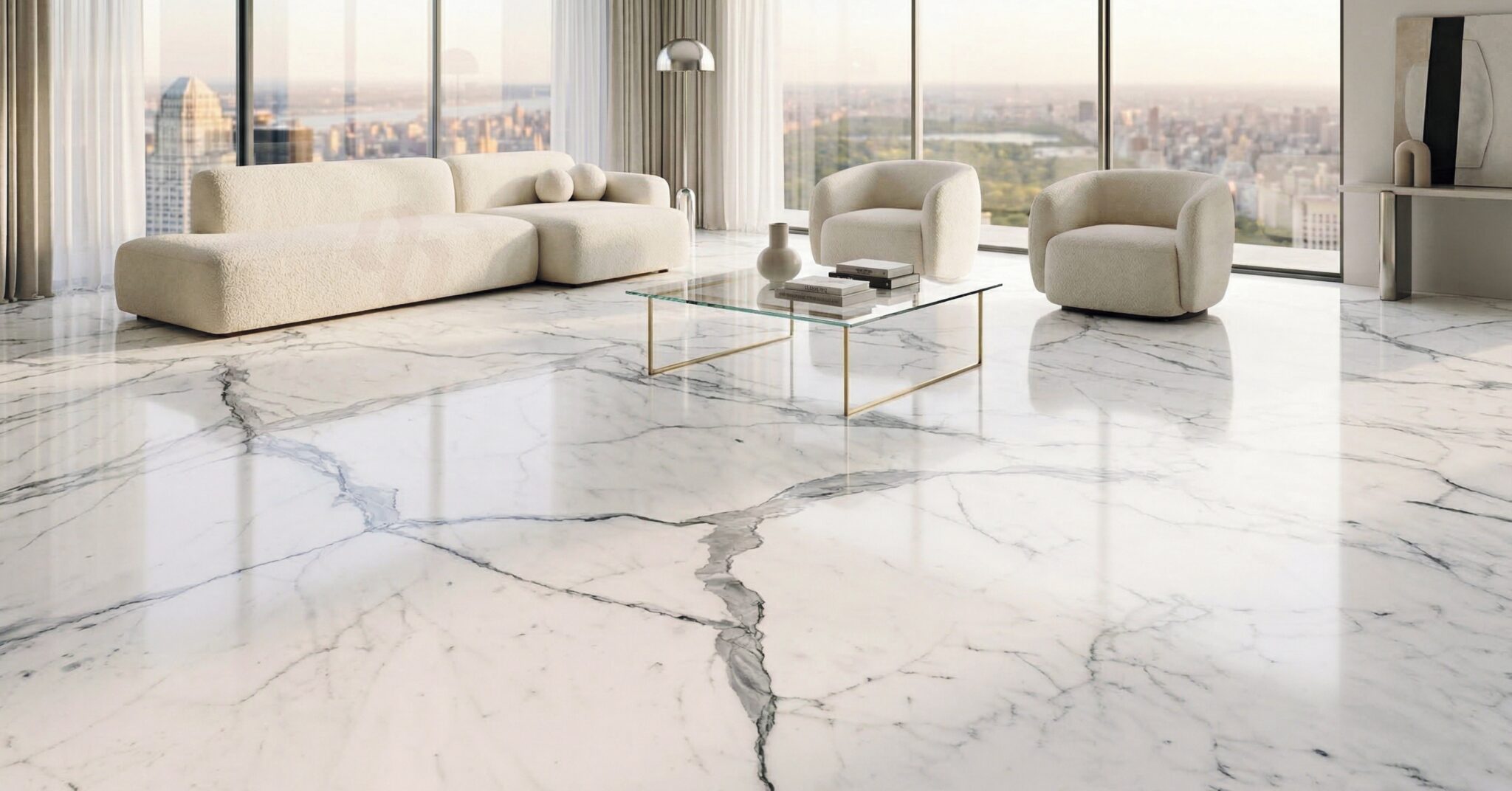 Modern luxury living room with high-gloss white marble flooring and natural light