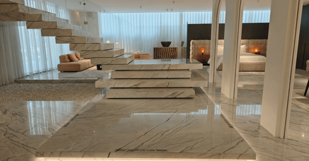 Bhutra Lilac White Marble floating staircase in Mumbai luxury residential interior