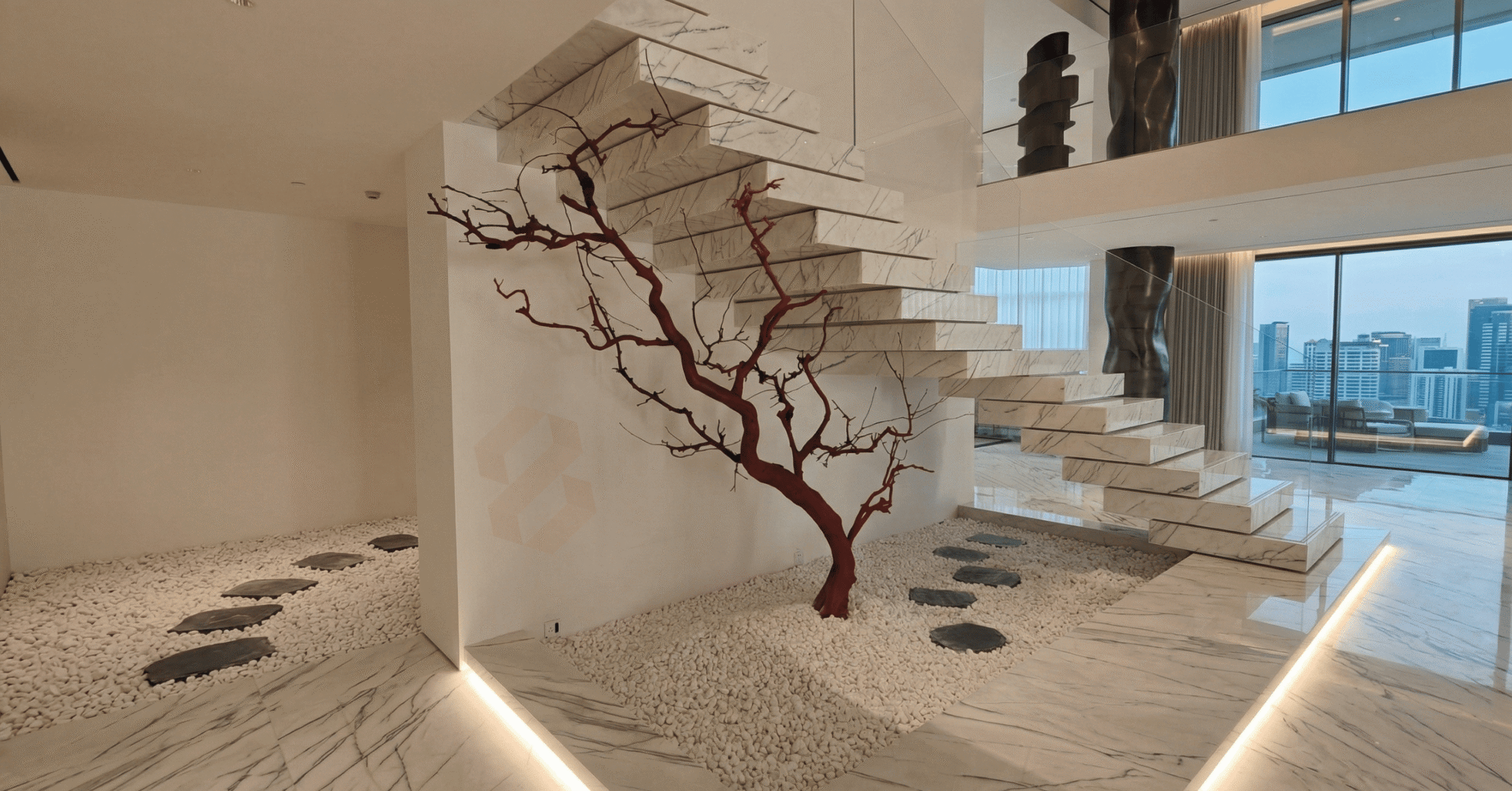 Wide view of Bhutra Lilac White Marble staircase in Mumbai luxury interior