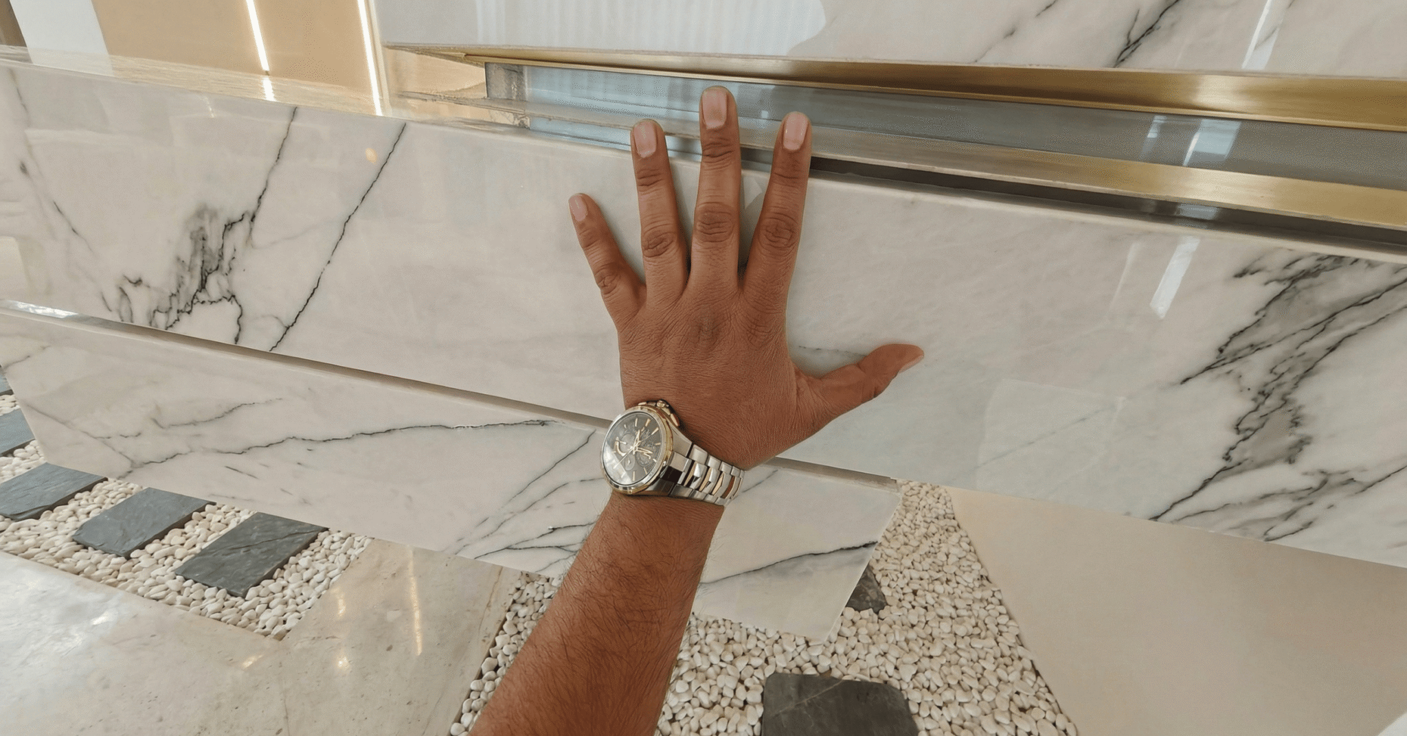 Close-up detail of Bhutra Lilac White Marble staircase edge and polished finish in Mumbai project