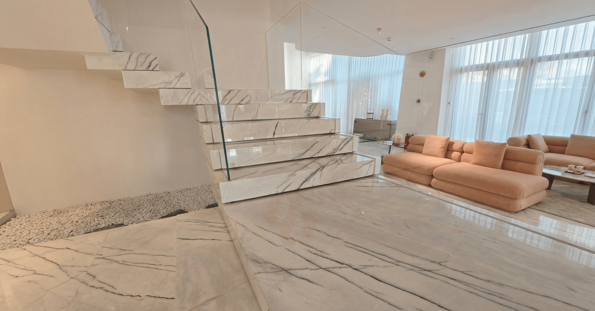 Close-up of Bhutra Lilac White Marble staircase detail in Mumbai interior