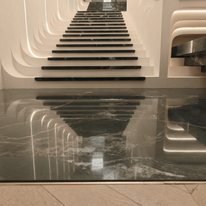 Green Brazilian Quartzite flooring with staircase reflection in Hyderabad interior project