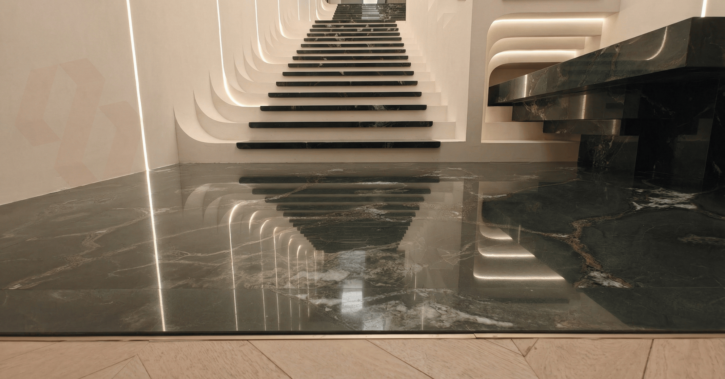 Green Brazilian quartzite Hyderabad staircase and flooring project