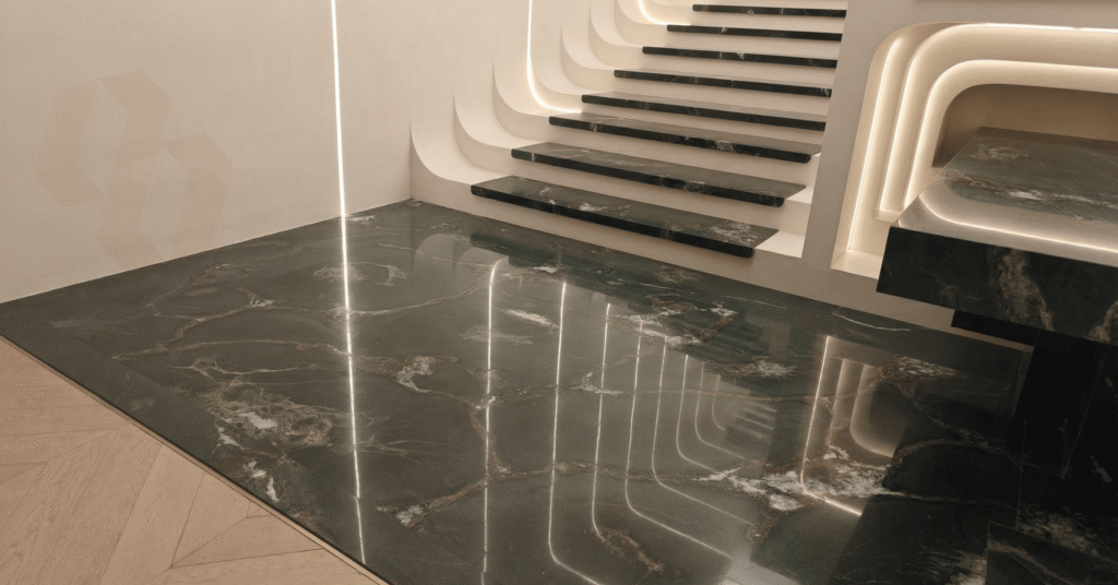 Angled view of Green Brazilian Quartzite flooring and staircase in Hyderabad home
