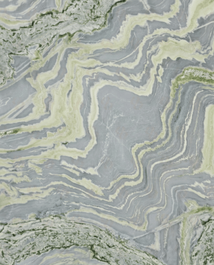 Close-up texture of Lady Onyx marble showing grey base with layered green veins and natural patterns