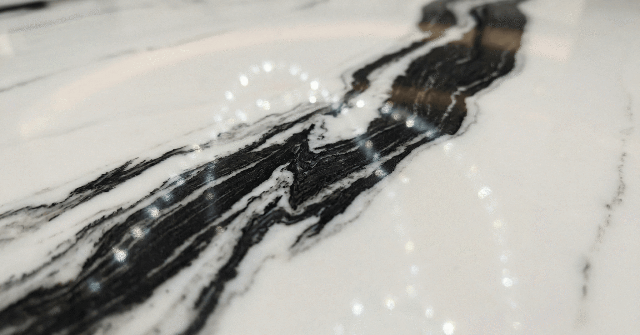 Panda White Marble close-up showing bold black veining in polished finish