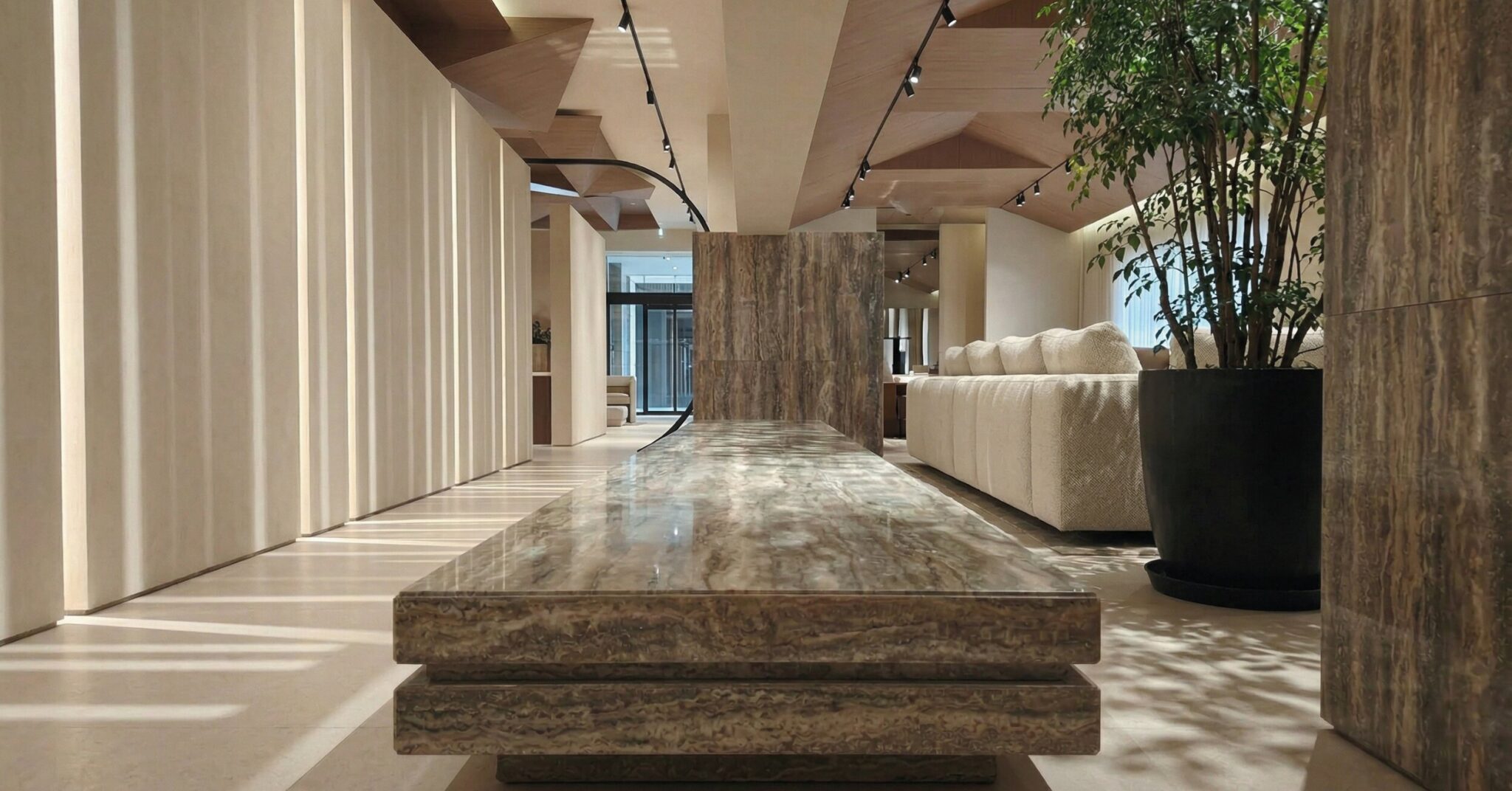Side view of travertine stone bench in Pune luxury interior