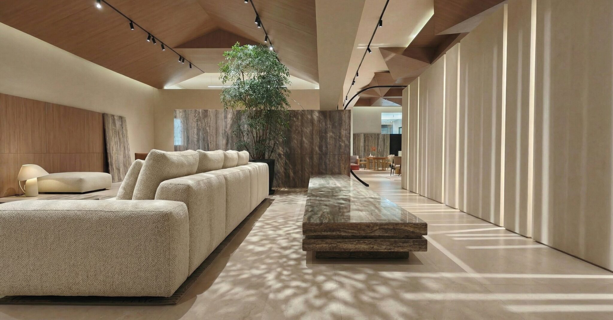 Travertine stone bench in a luxury Pune interior project