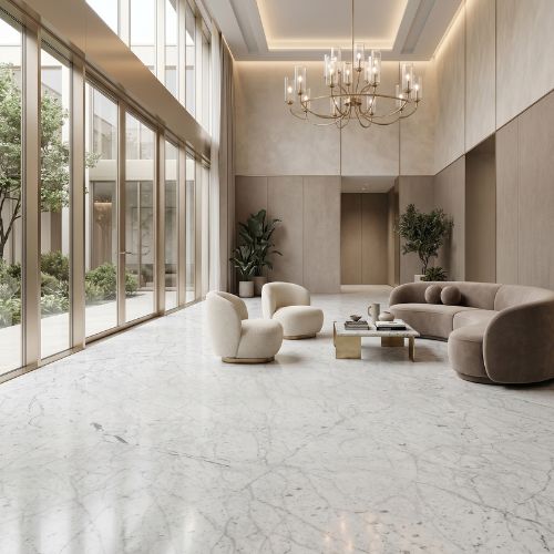 Carrara marble flooring in luxury living room with polished Italian white marble