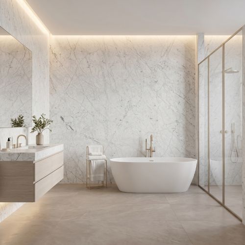White Carrara marble bathroom walls with Italian marble slab cladding