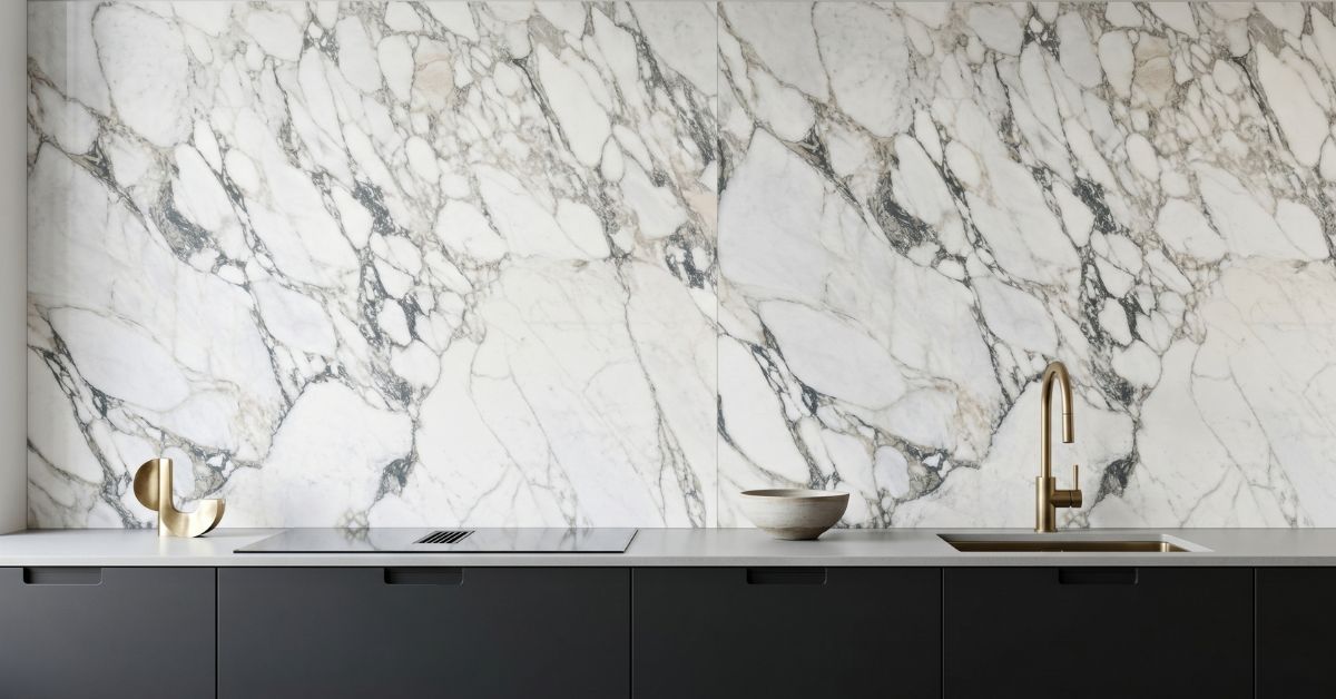 Statuario marble backsplash in kitchen