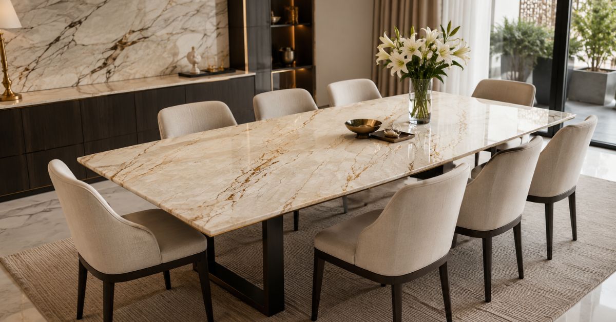 White Statuario marble dining table
