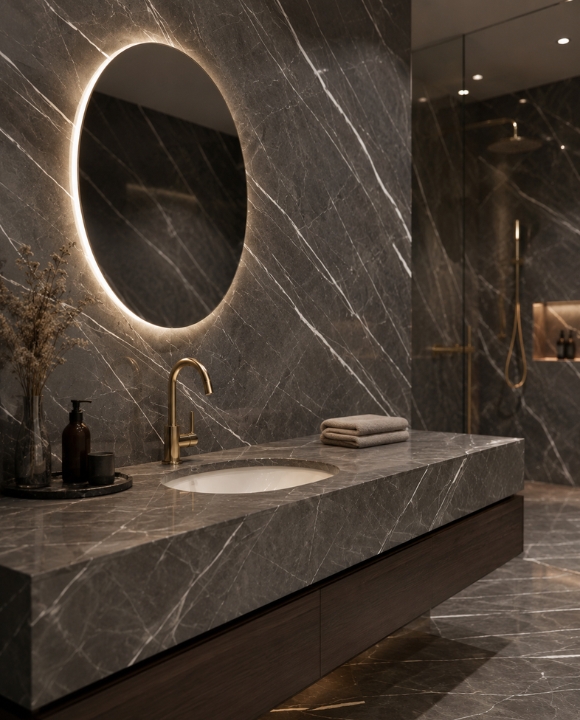 Armani Grey Marble bathroom application