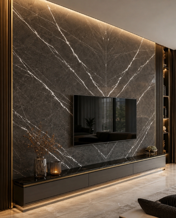 Armani Grey Marble bookmatch TV wall application